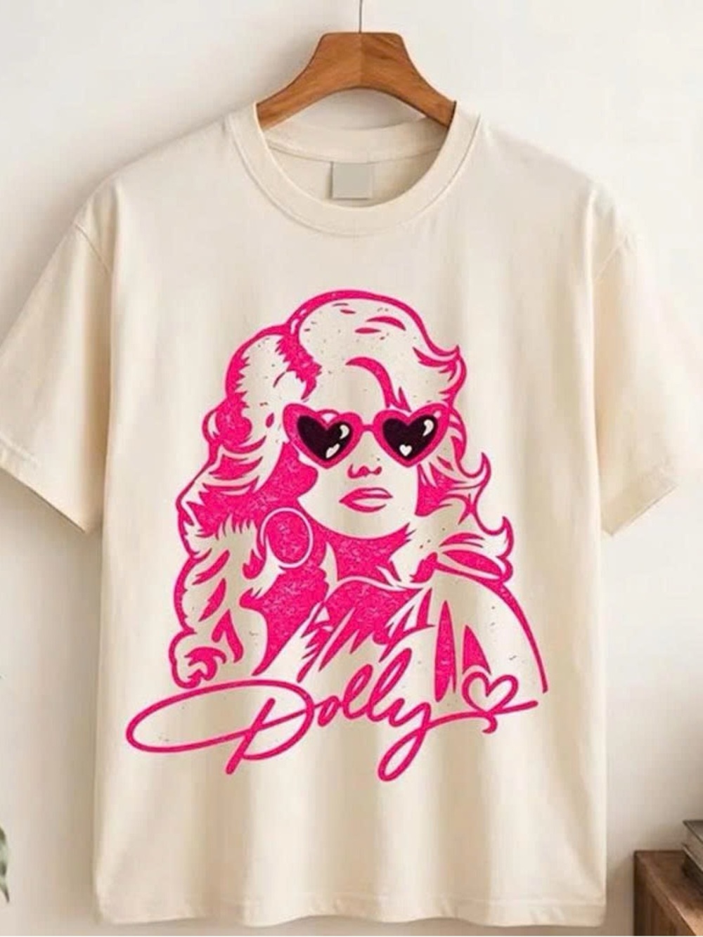 Cream Short-Sleeve Graphic Tee with Hot Pink Dolly Parton Design